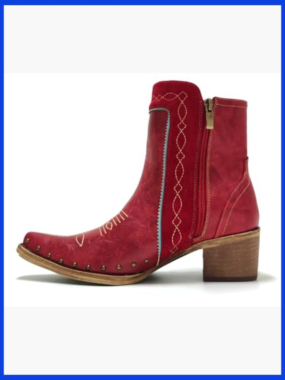 Fringe Studded Cowgirl Ankle Booties with Turquoise Stones - Picture 5 of 7